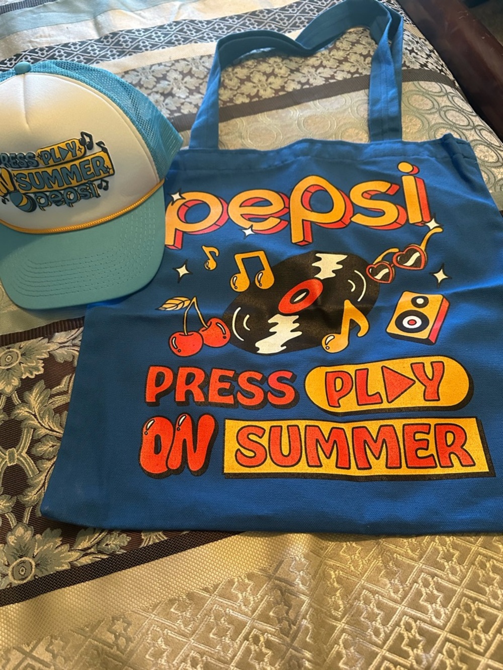 Pepsi Blue Tote with Retro Summer Graphic with Baseball Cap